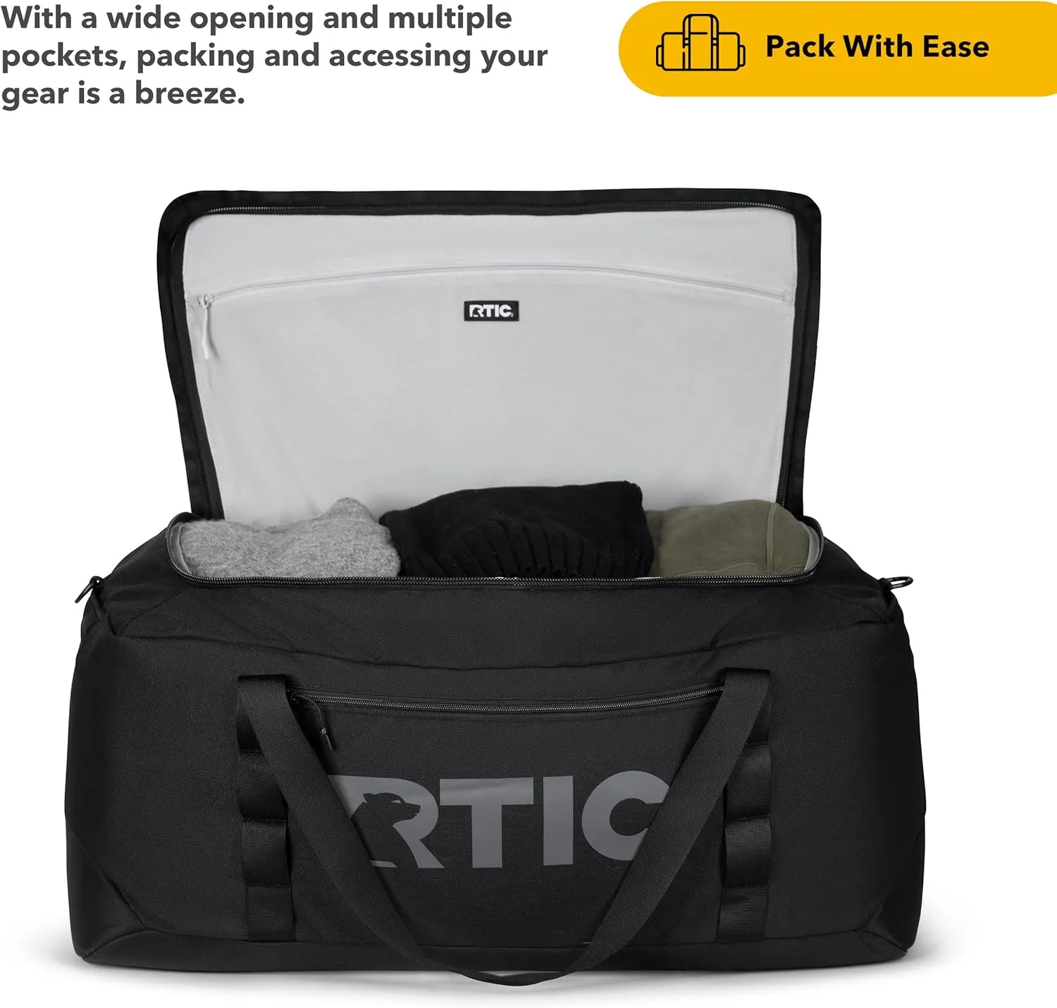 RTIC Road Trip Duffle Bag for Men and Women, Traveling Tote for Camp, Travel, Gym, Weekender, Camping, Overnight, Carry On, Sports, Spacious, Water Resistant, Large, Black
