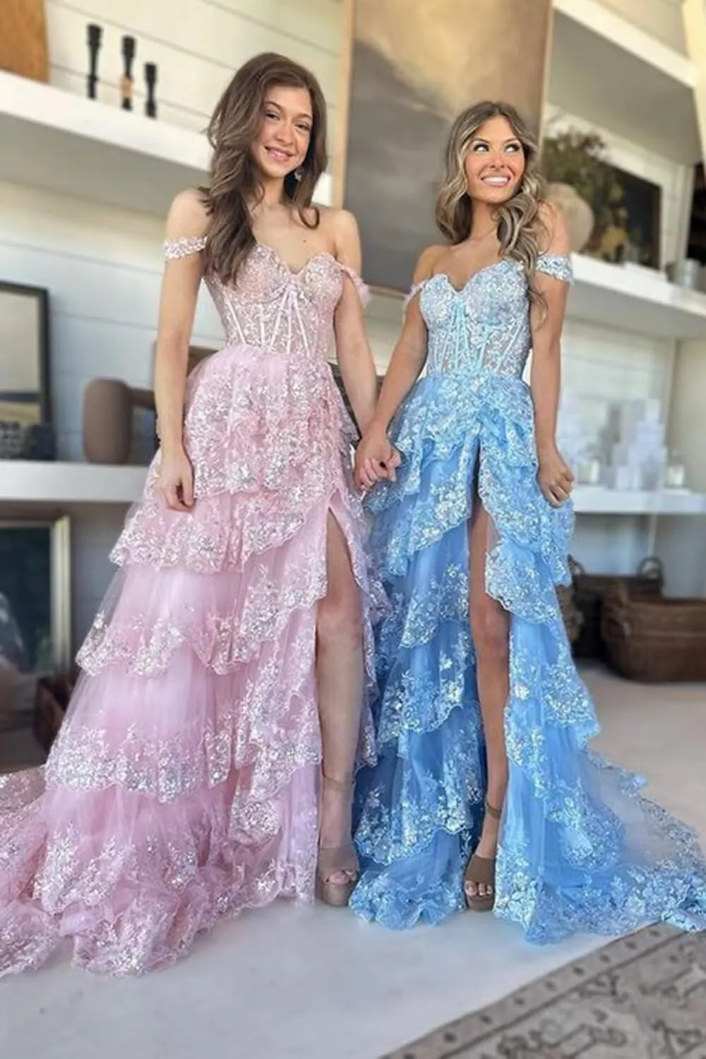 Ruffles Prom Dresses with Slit Long Cold Shoulder Tired Formal Evening Dress for Women Princess Ball Gown TR102