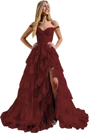 Ruffles Prom Dresses with Slit Long Cold Shoulder Tired Formal Evening Dress for Women Princess Ball Gown TR102