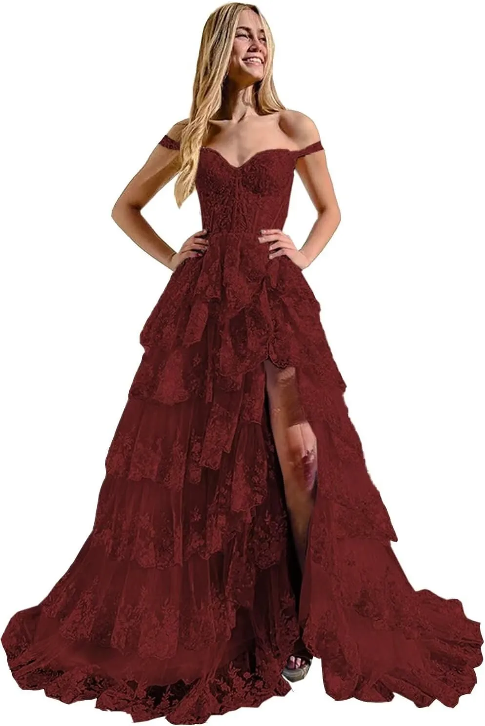 Ruffles Prom Dresses with Slit Long Cold Shoulder Tired Formal Evening Dress for Women Princess Ball Gown TR102