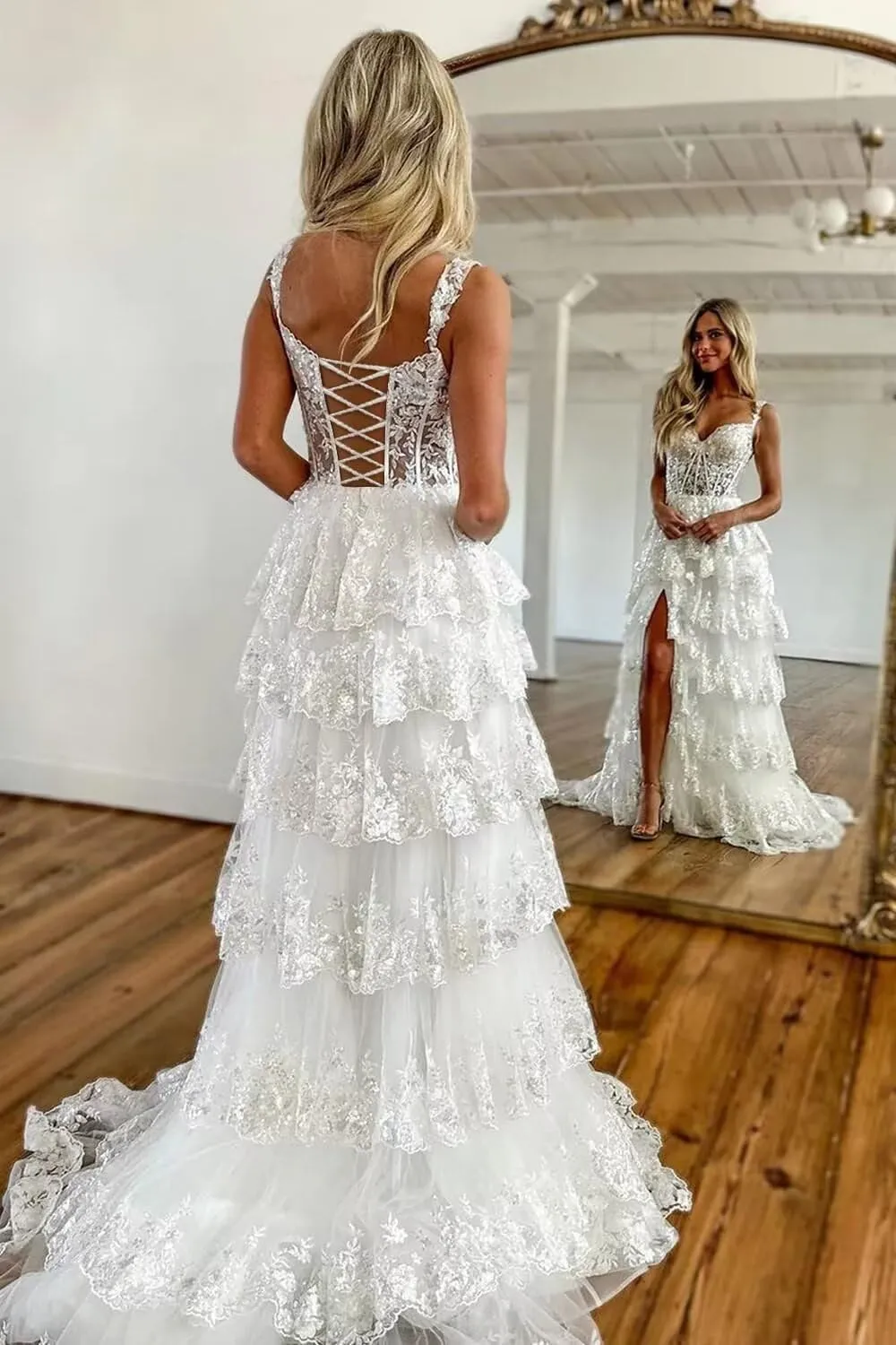 Ruffles Prom Dresses with Slit Long Cold Shoulder Tired Formal Evening Dress for Women Princess Ball Gown TR102