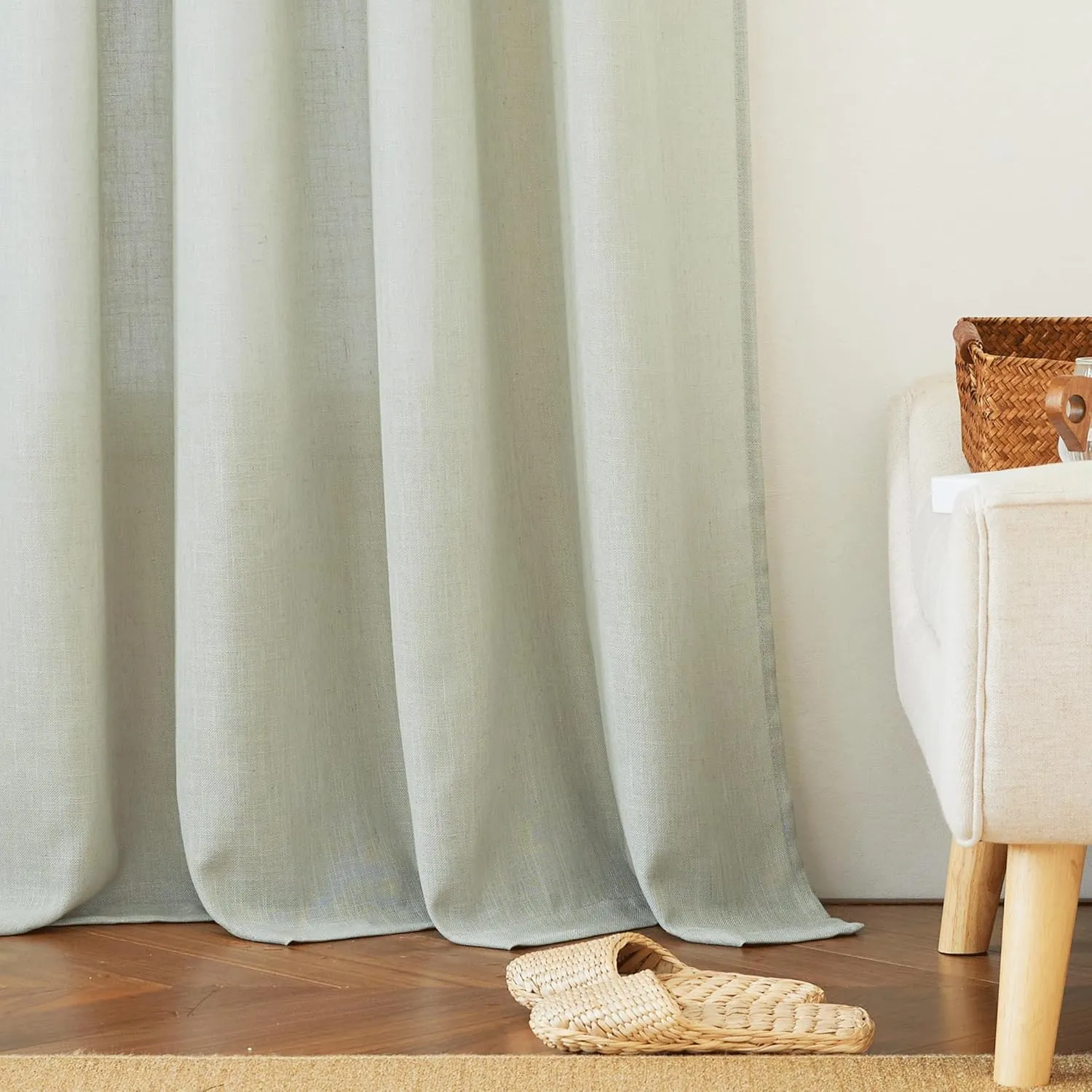 RYB HOME Sage Green Linen Sheer Curtains 84 inches Long, Linen Blend Semi Sheer Light Filtering Privacy Protected Curtain Panels for Living Room, 52 x 84 inch, Rod Pocket, 2 Panels Set
