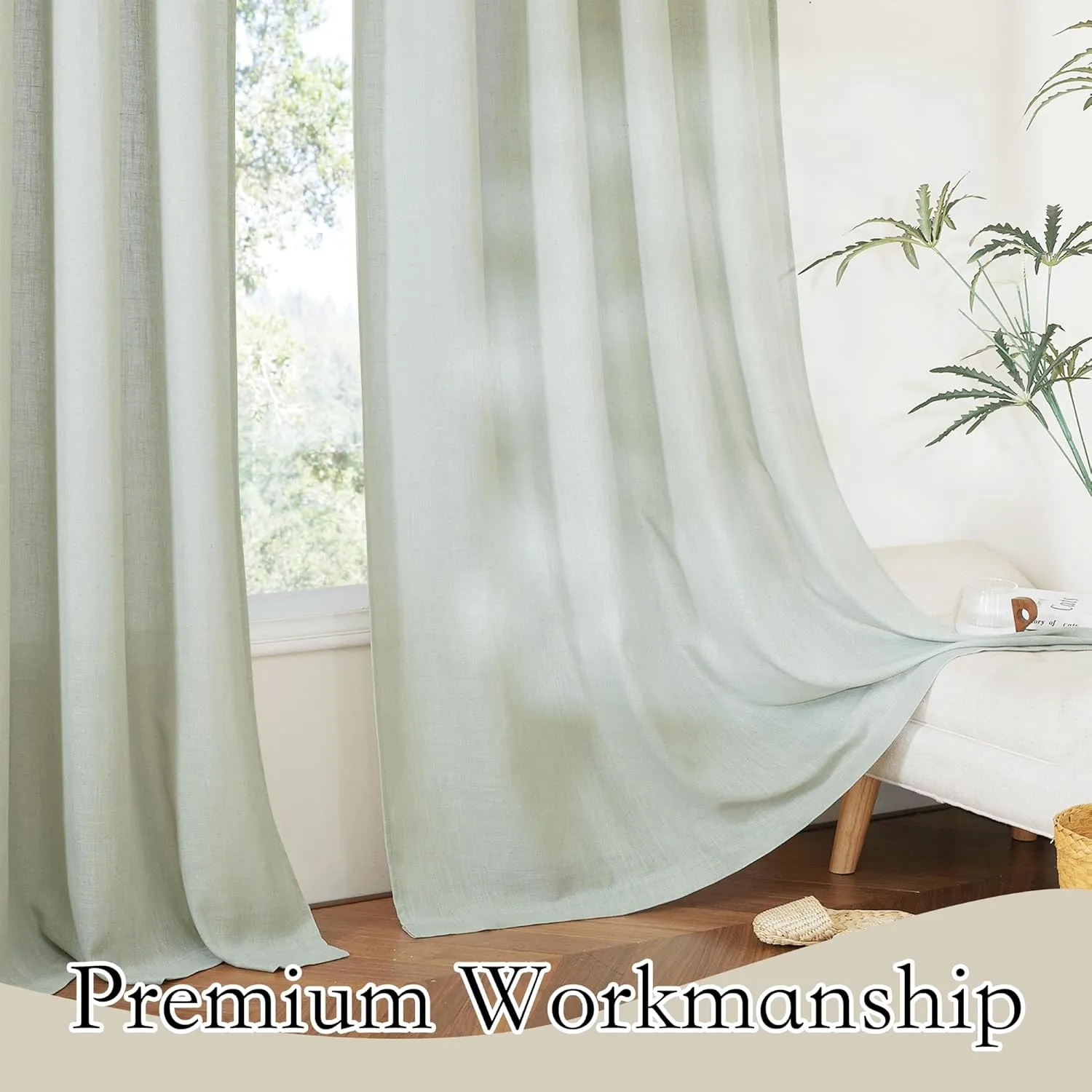 RYB HOME Sage Green Linen Sheer Curtains 84 inches Long, Linen Blend Semi Sheer Light Filtering Privacy Protected Curtain Panels for Living Room, 52 x 84 inch, Rod Pocket, 2 Panels Set