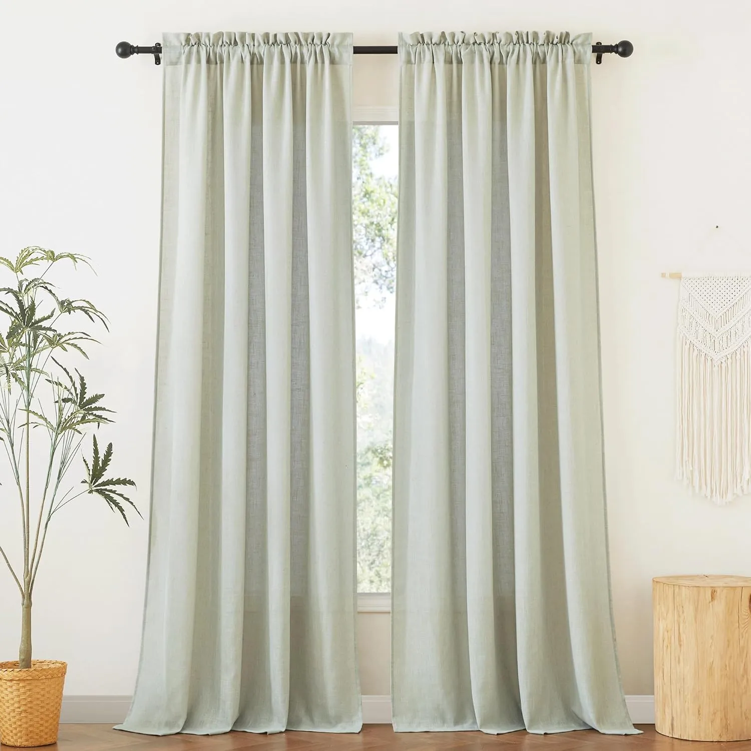 RYB HOME Sage Green Linen Sheer Curtains 84 inches Long, Linen Blend Semi Sheer Light Filtering Privacy Protected Curtain Panels for Living Room, 52 x 84 inch, Rod Pocket, 2 Panels Set