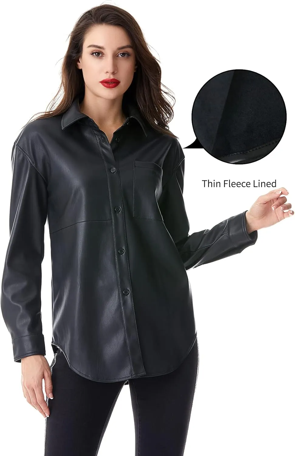 S P Y M Women Faux Leather Jacket Soft Button Down Shirt Shacket with Pocket, Regular and Plus Size