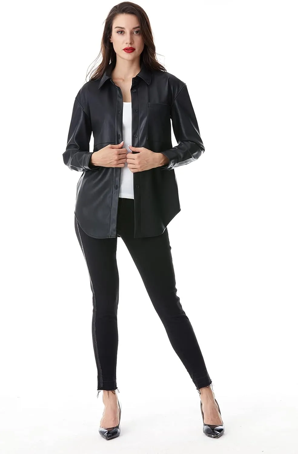 S P Y M Women Faux Leather Jacket Soft Button Down Shirt Shacket with Pocket, Regular and Plus Size