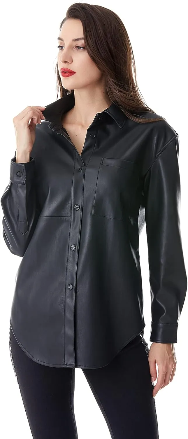 S P Y M Women Faux Leather Jacket Soft Button Down Shirt Shacket with Pocket, Regular and Plus Size
