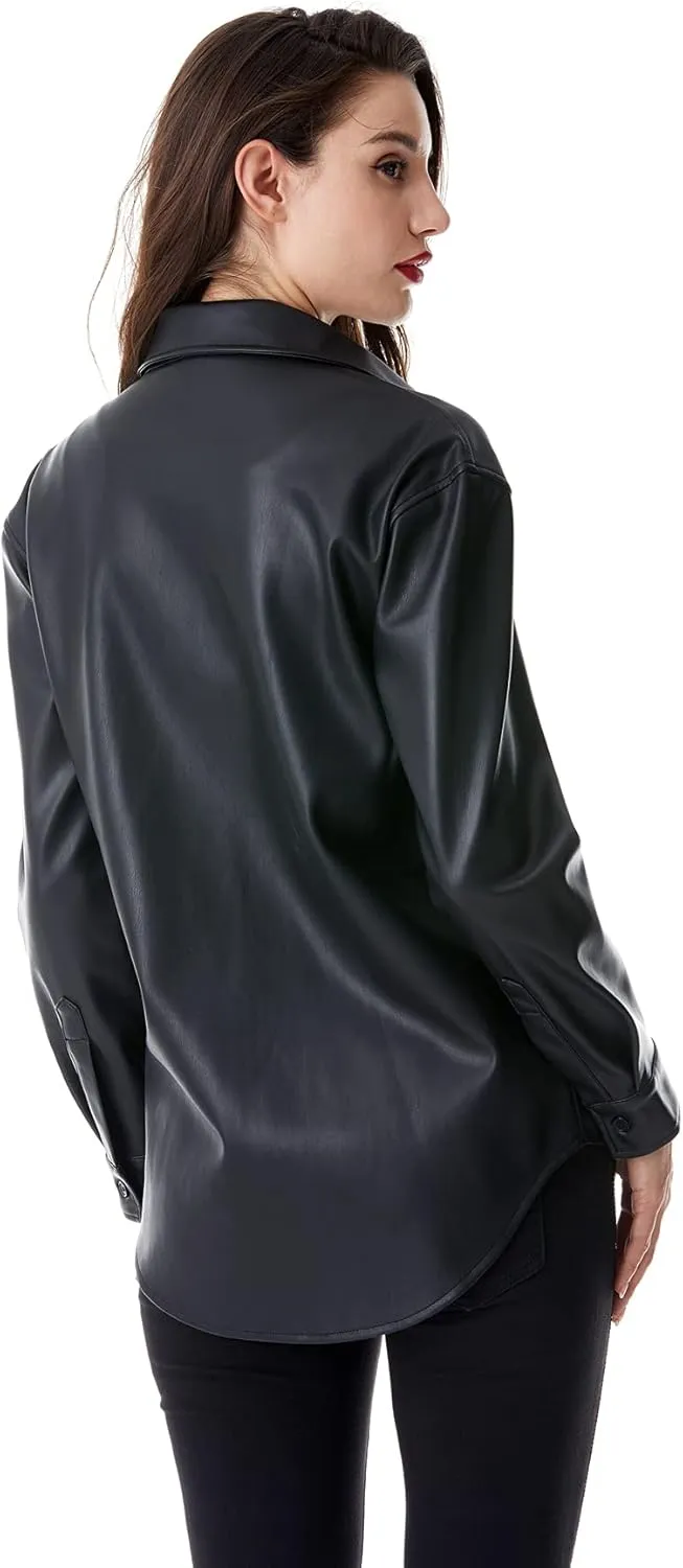S P Y M Women Faux Leather Jacket Soft Button Down Shirt Shacket with Pocket, Regular and Plus Size