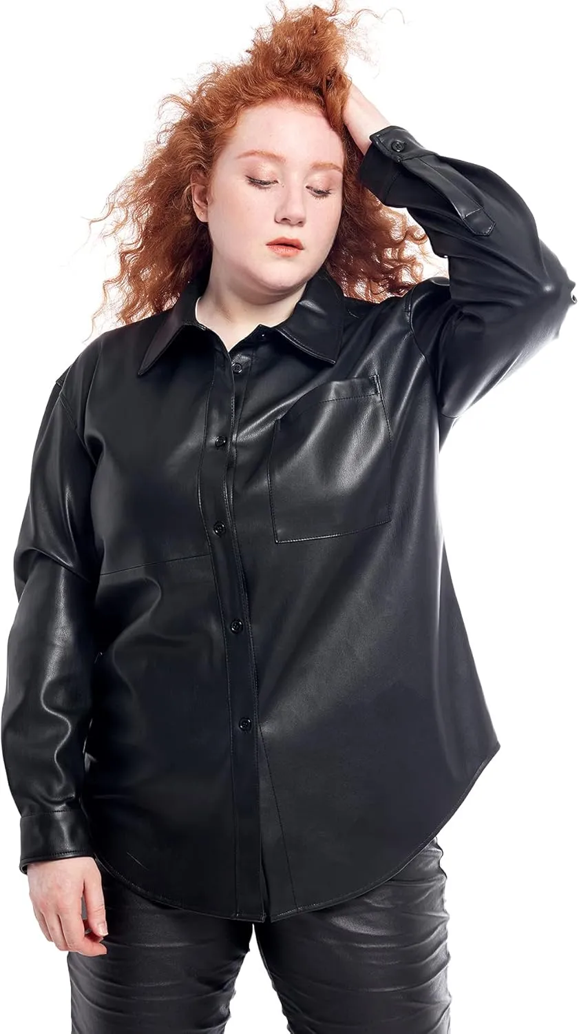 S P Y M Women Faux Leather Jacket Soft Button Down Shirt Shacket with Pocket, Regular and Plus Size
