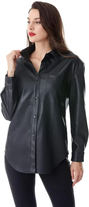 S P Y M Women Faux Leather Jacket Soft Button Down Shirt Shacket with Pocket, Regular and Plus Size