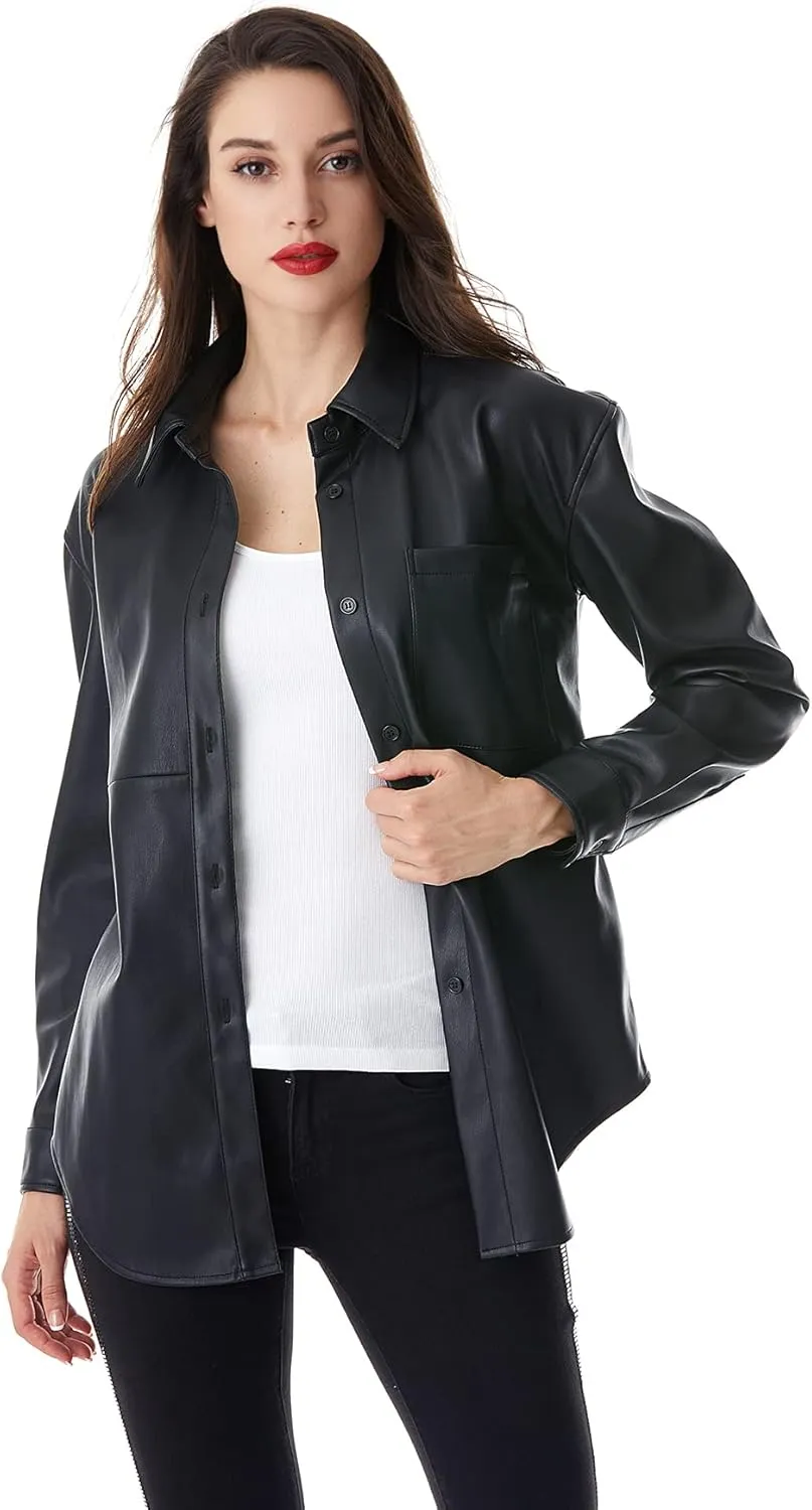 S P Y M Women Faux Leather Jacket Soft Button Down Shirt Shacket with Pocket, Regular and Plus Size