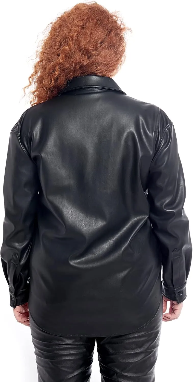 S P Y M Women Faux Leather Jacket Soft Button Down Shirt Shacket with Pocket, Regular and Plus Size