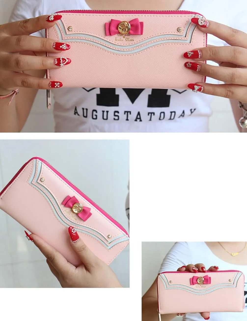 Sailor Moon Kawaii Women Wallet PU Leather Long Credit Card Case Holder Cellphone Pouch Girls Zipper Coins Purse (Pink)