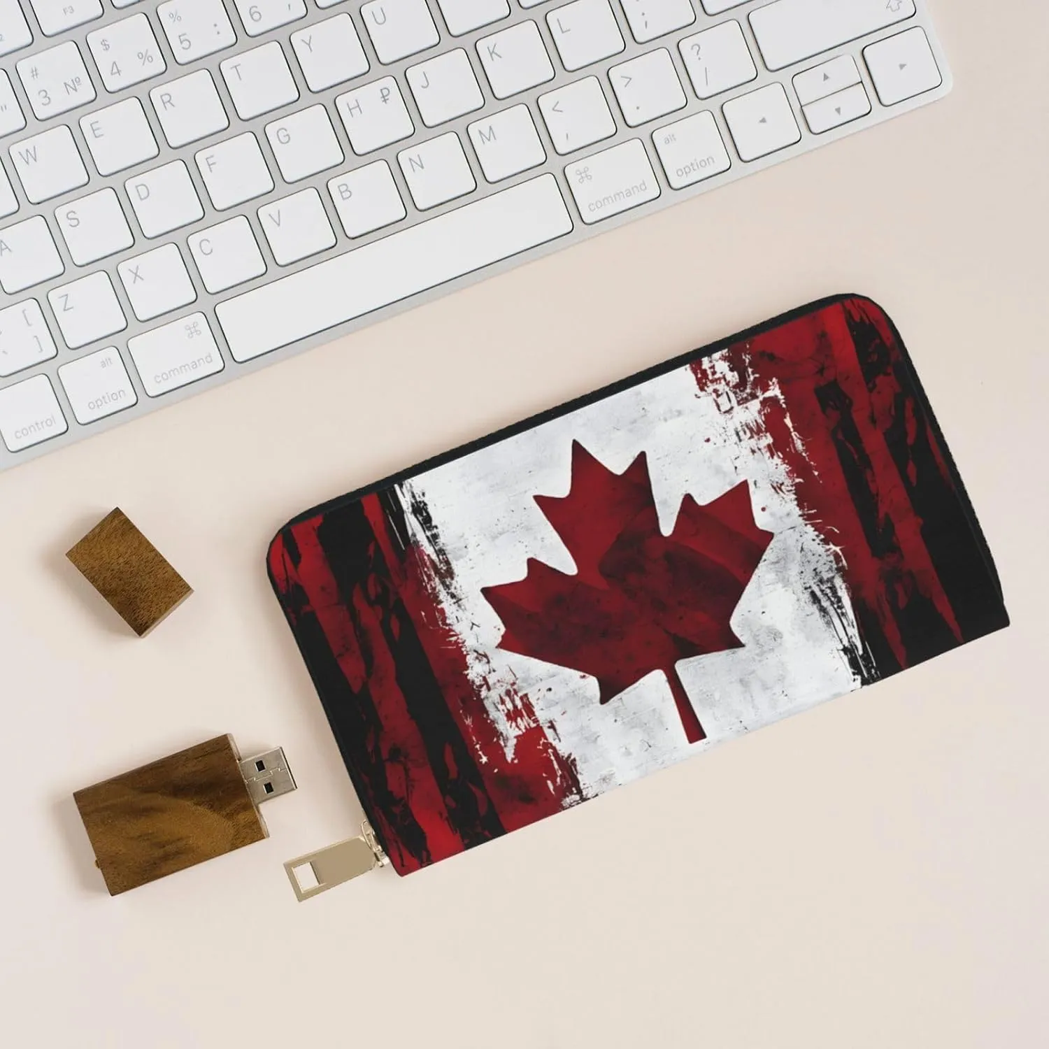 (Salmon) Pu Leather Purse Multi Compartment Card Wallet Stylish Wallet with Zipper for Cards, Coin, Bill, Retro Canada Flag, One Size