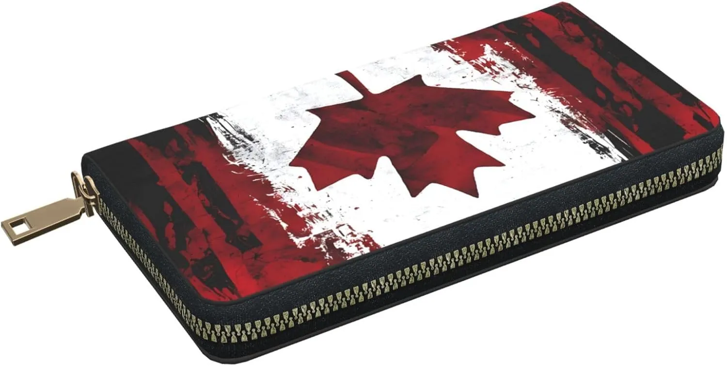 (Salmon) Pu Leather Purse Multi Compartment Card Wallet Stylish Wallet with Zipper for Cards, Coin, Bill, Retro Canada Flag, One Size