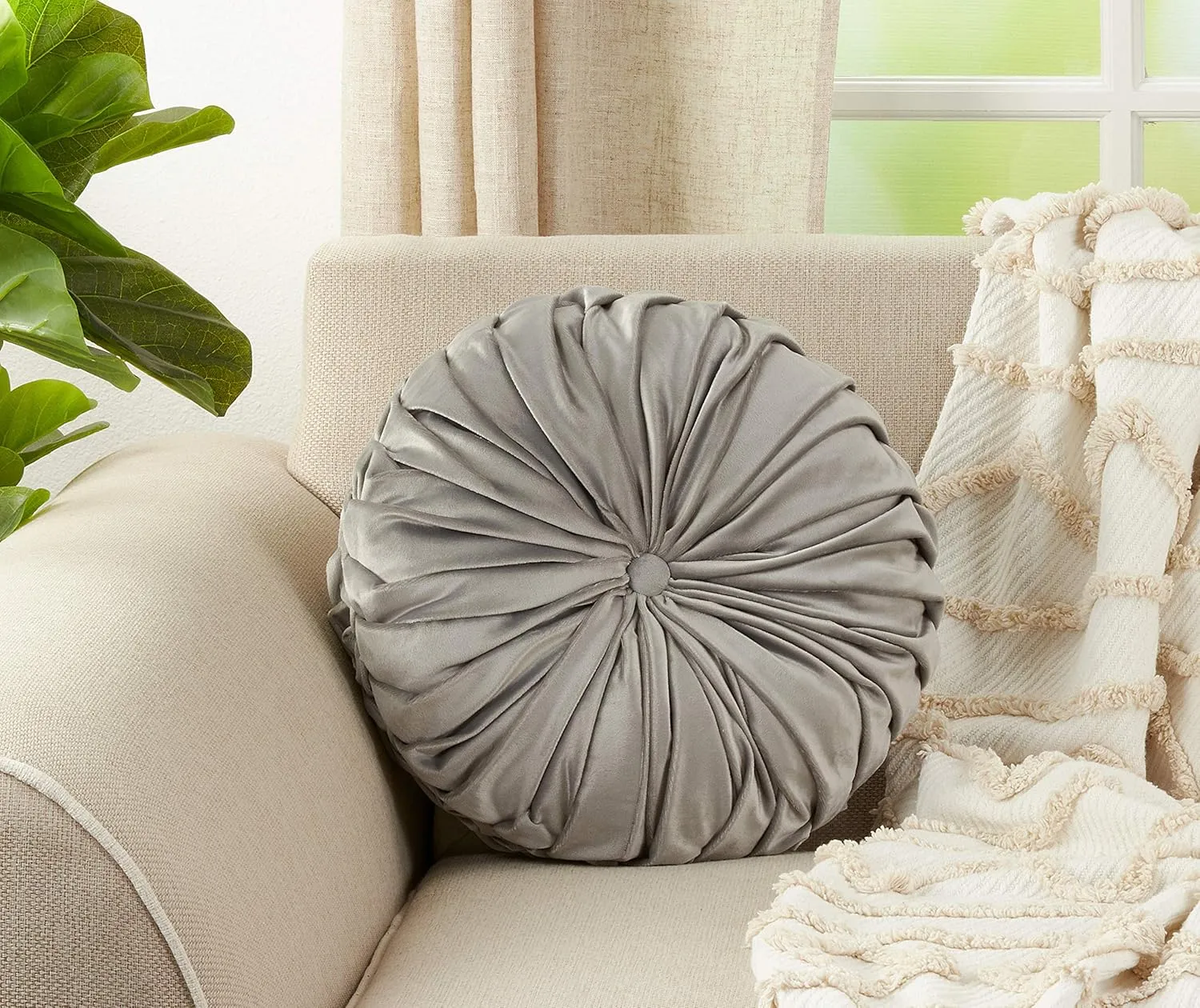 SARO LIFESTYLE Madison Collection Round Velvet Pintucked Throw Poly Filled Pillow, 14", Grey