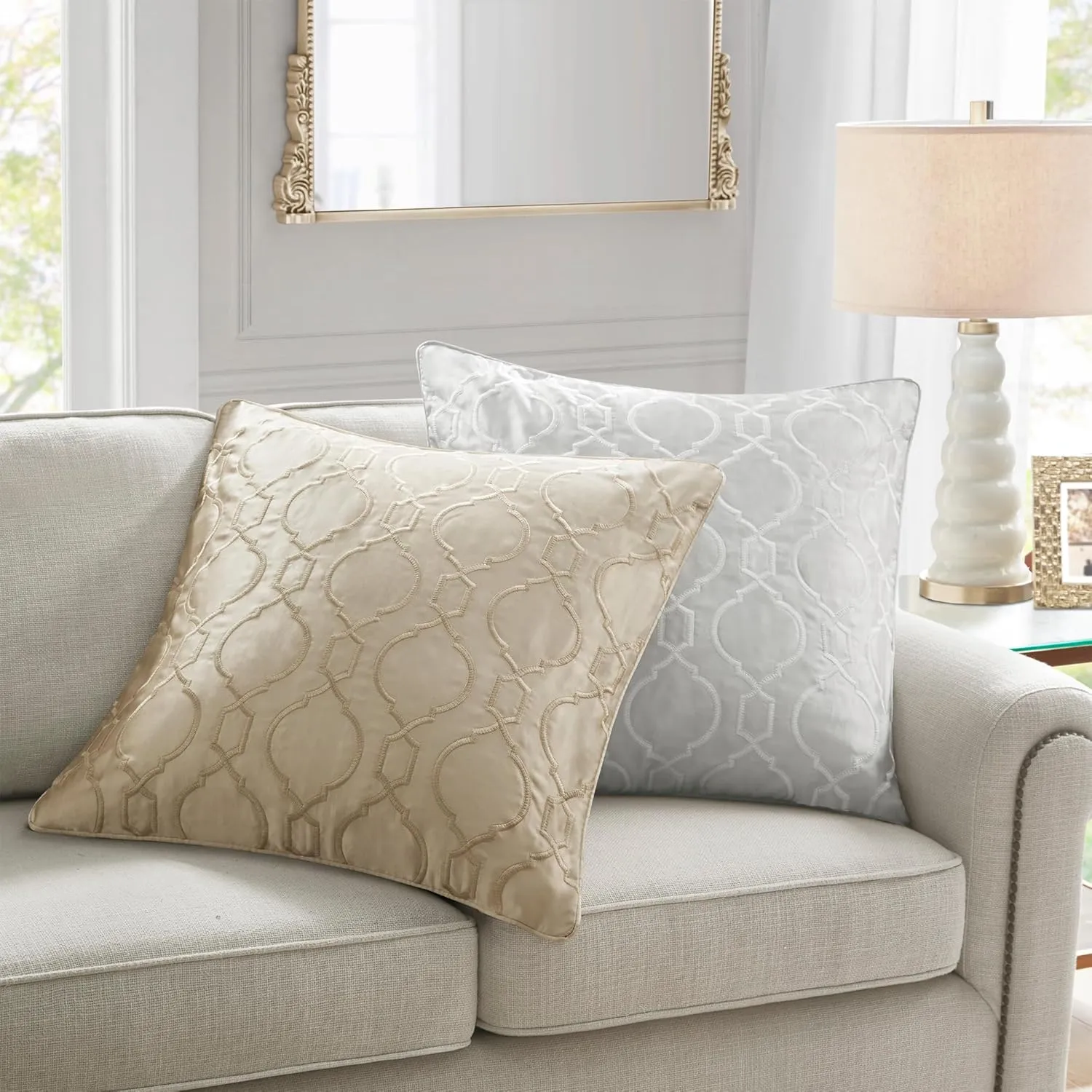 Satin Euro Sham. Ogee Embroidery 16th Century Luxurious Design, Piping Border, Soft Satin 26" x 26" Pillow Cover, Hidden Zipper (Cushion NOT Included) Montague, Silver