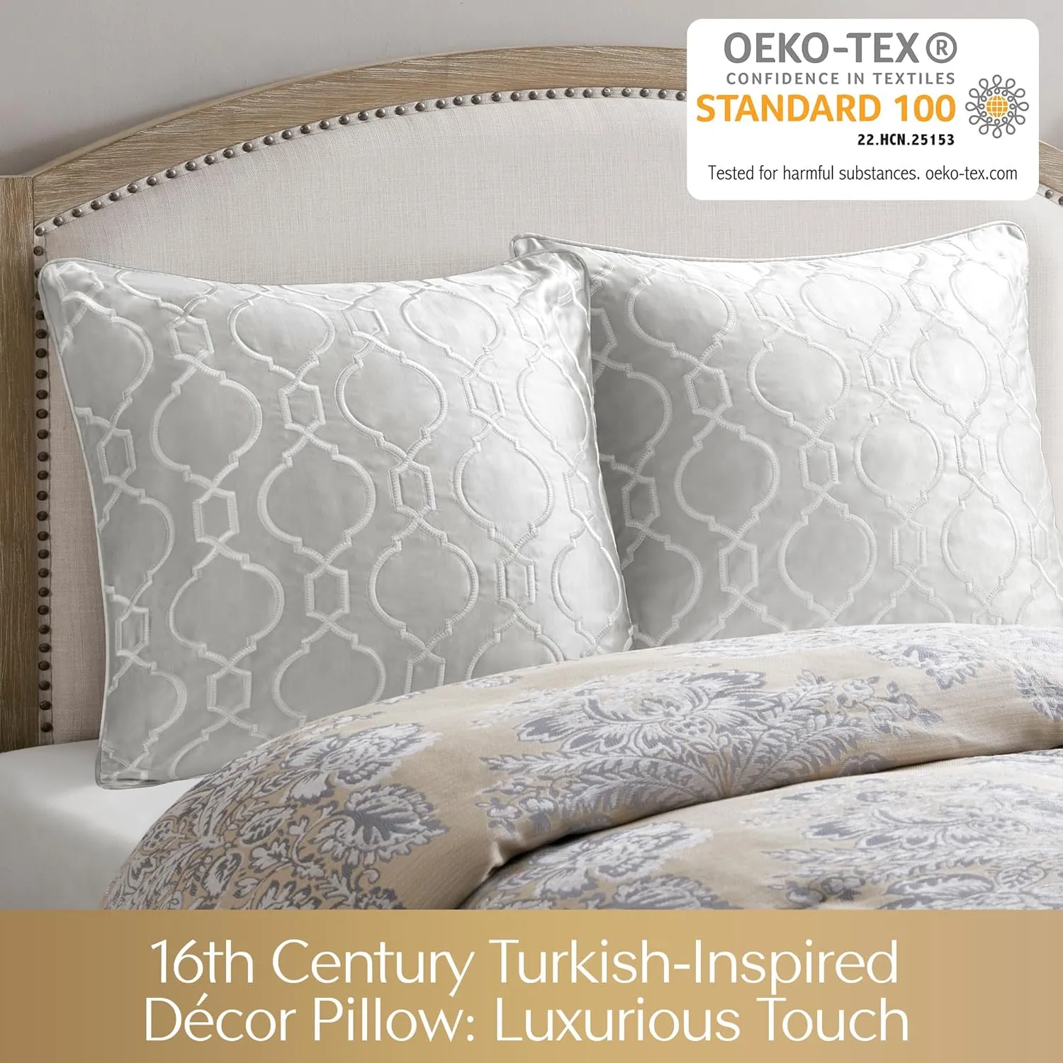 Satin Euro Sham. Ogee Embroidery 16th Century Luxurious Design, Piping Border, Soft Satin 26" x 26" Pillow Cover, Hidden Zipper (Cushion NOT Included) Montague, Silver