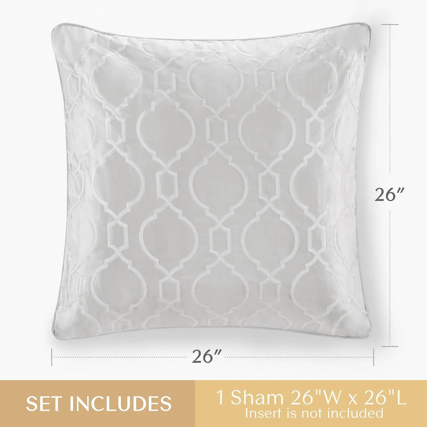 Satin Euro Sham. Ogee Embroidery 16th Century Luxurious Design, Piping Border, Soft Satin 26" x 26" Pillow Cover, Hidden Zipper (Cushion NOT Included) Montague, Silver