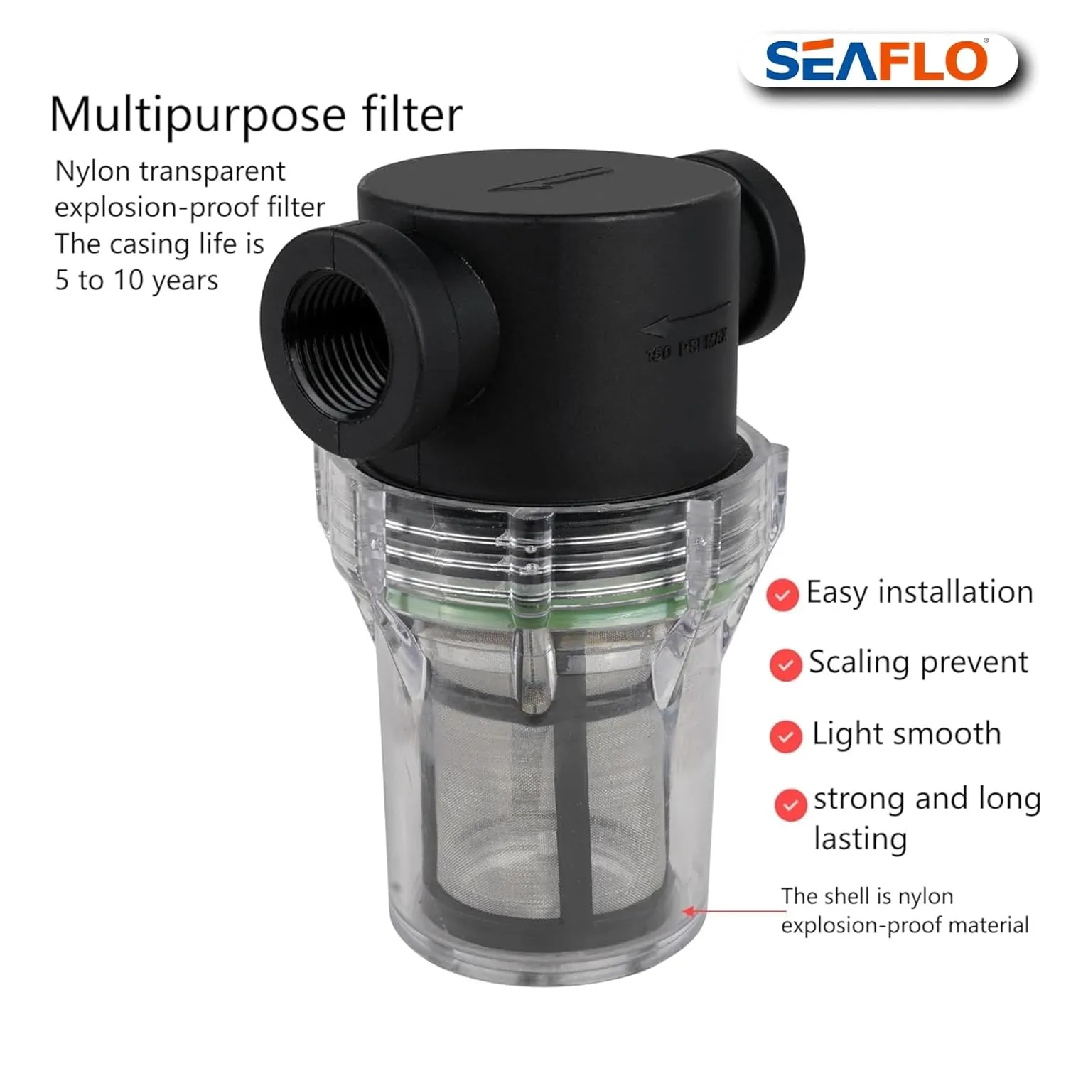 SEAFLO 1/2" Female NPT in-Line Strainer with 100 Mesh Stainless Steel Filter Screen – Clear Bowl for Easy Cleaning | Model SF-ST-12 (5-Pack)