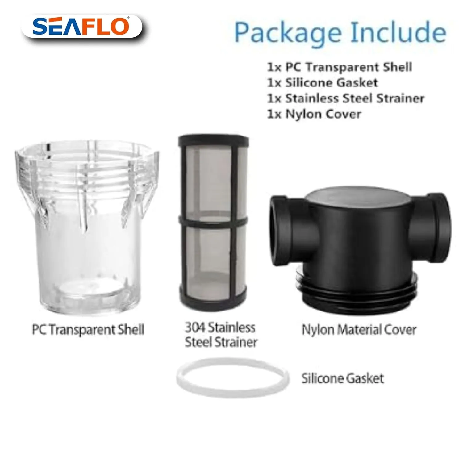 SEAFLO 1/2" Female NPT in-Line Strainer with 100 Mesh Stainless Steel Filter Screen – Clear Bowl for Easy Cleaning | Model SF-ST-12 (5-Pack)