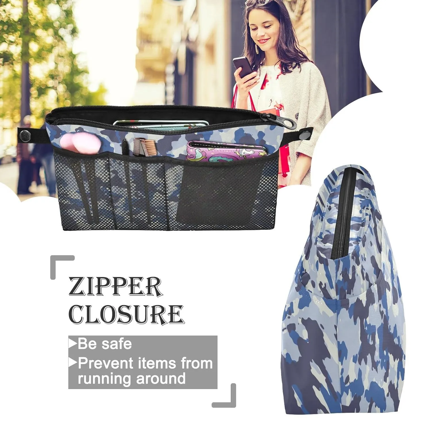 Seamless Blue Black Grey Urban Horizontal Camouflage Camo Pattern Women Cosmetic Storage Handbag Case Portable Coin Purse, Makeup Bag Toiletry Handbag Organizer, Large Ladies Pouch Holder M