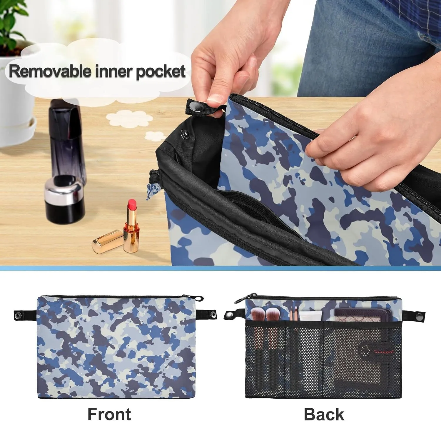 Seamless Blue Black Grey Urban Horizontal Camouflage Camo Pattern Women Cosmetic Storage Handbag Case Portable Coin Purse, Makeup Bag Toiletry Handbag Organizer, Large Ladies Pouch Holder M