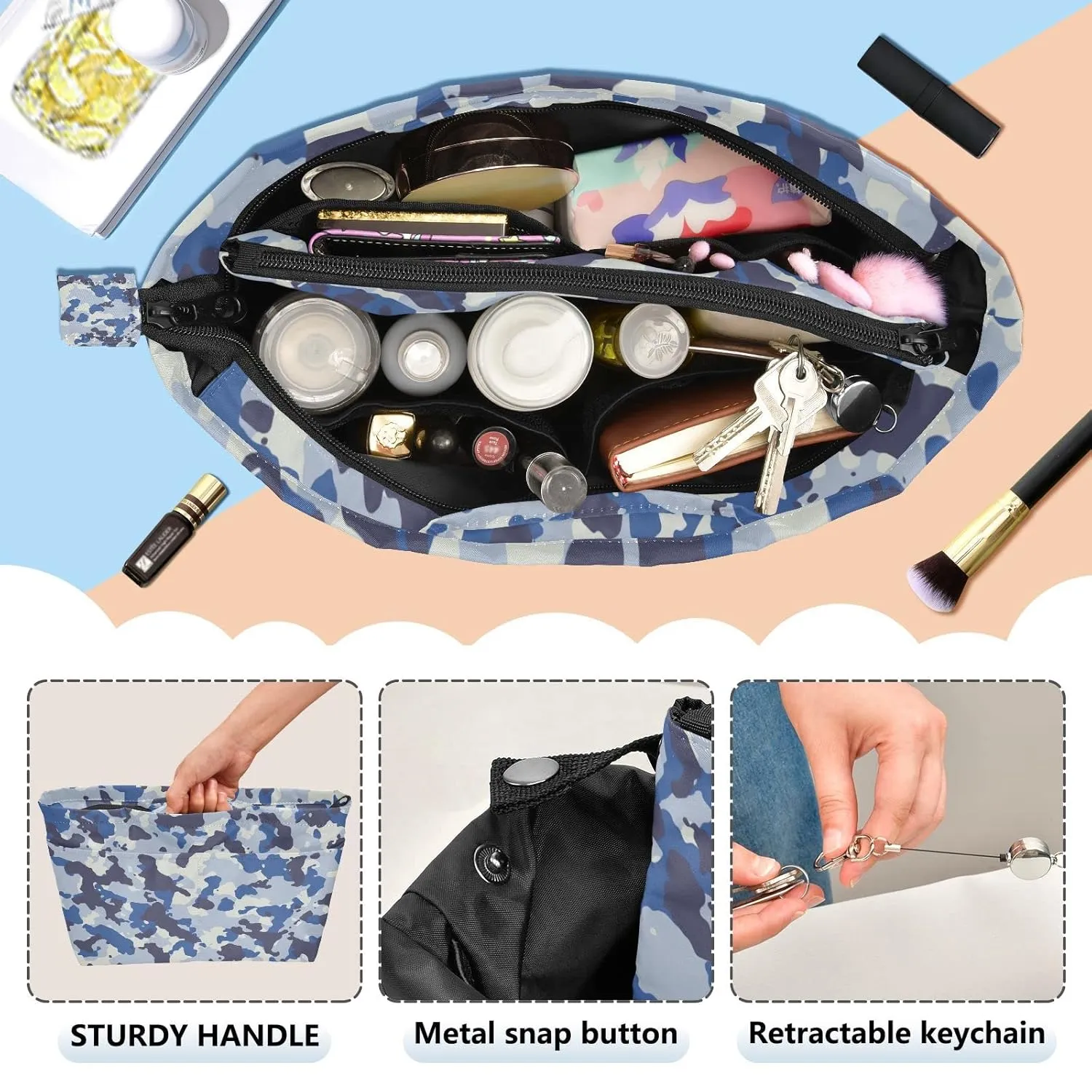 Seamless Blue Black Grey Urban Horizontal Camouflage Camo Pattern Women Cosmetic Storage Handbag Case Portable Coin Purse, Makeup Bag Toiletry Handbag Organizer, Large Ladies Pouch Holder M