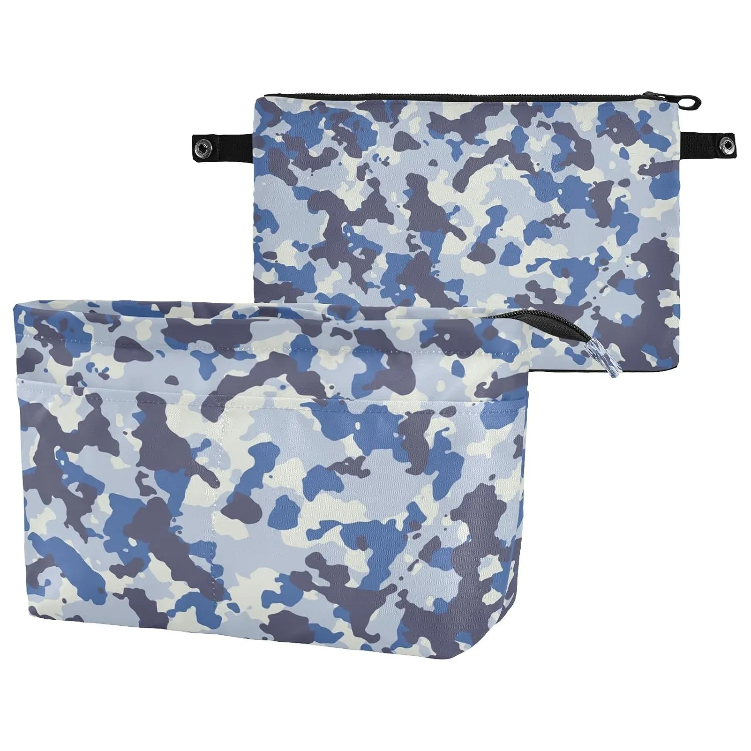 Seamless Blue Black Grey Urban Horizontal Camouflage Camo Pattern Women Cosmetic Storage Handbag Case Portable Coin Purse, Makeup Bag Toiletry Handbag Organizer, Large Ladies Pouch Holder M