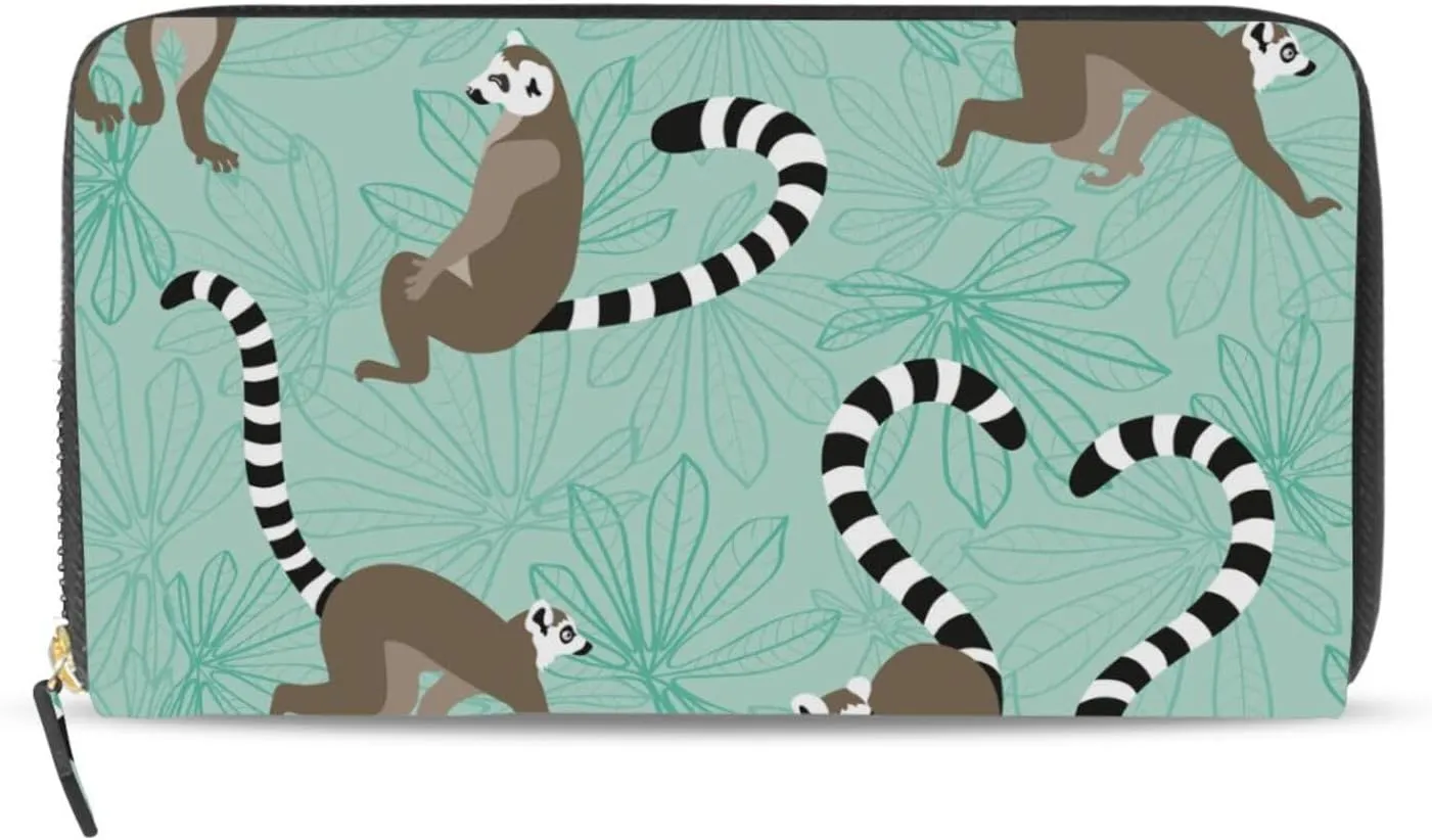 Seamless Katta Lemur on Turquoise Floral Background Leather Long Wallet Organizer with Zipper Purse Clutch Bag for Women Men Key Card Coin Passport Checkbook 8 x 4 inch