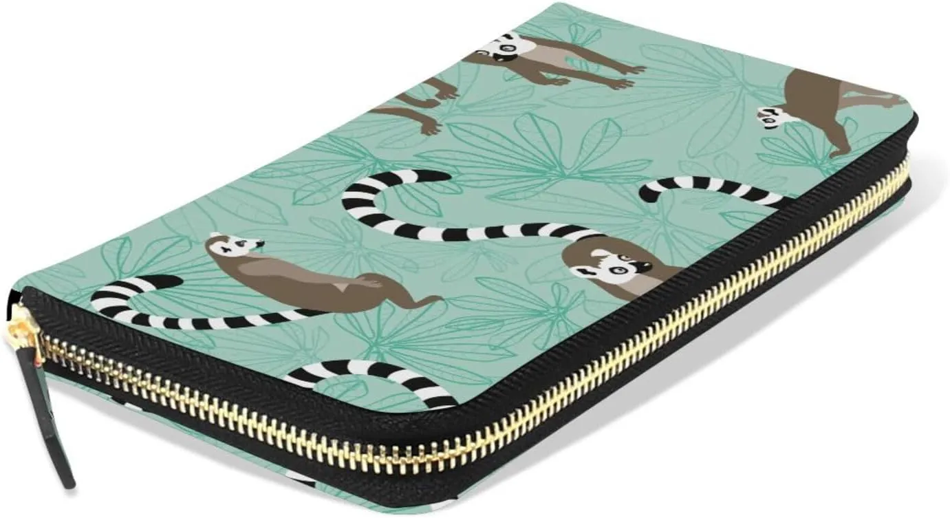 Seamless Katta Lemur on Turquoise Floral Background Leather Long Wallet Organizer with Zipper Purse Clutch Bag for Women Men Key Card Coin Passport Checkbook 8 x 4 inch