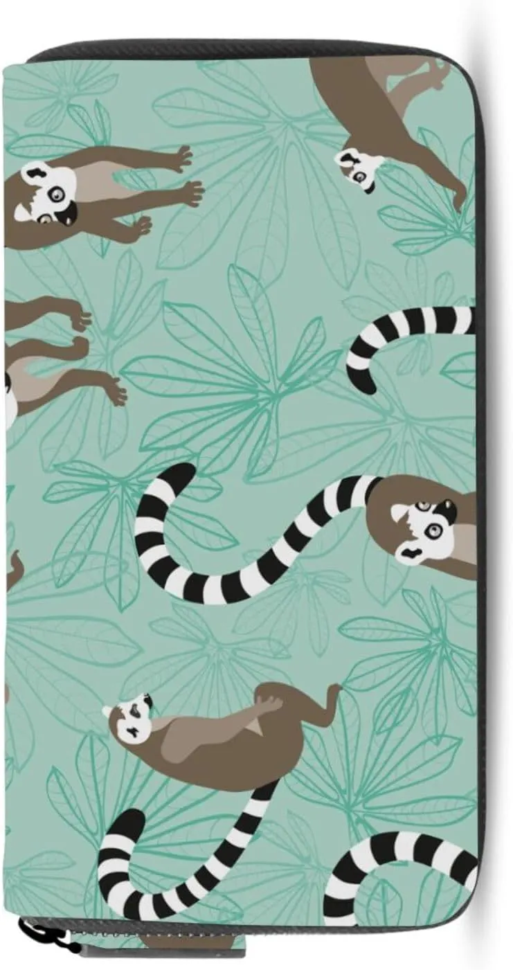 Seamless Katta Lemur on Turquoise Floral Background Leather Long Wallet Organizer with Zipper Purse Clutch Bag for Women Men Key Card Coin Passport Checkbook 8 x 4 inch
