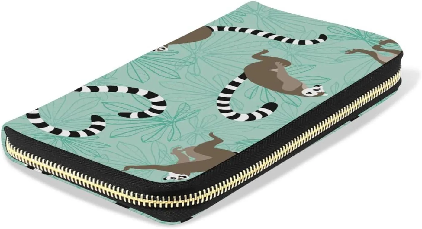 Seamless Katta Lemur on Turquoise Floral Background Leather Long Wallet Organizer with Zipper Purse Clutch Bag for Women Men Key Card Coin Passport Checkbook 8 x 4 inch