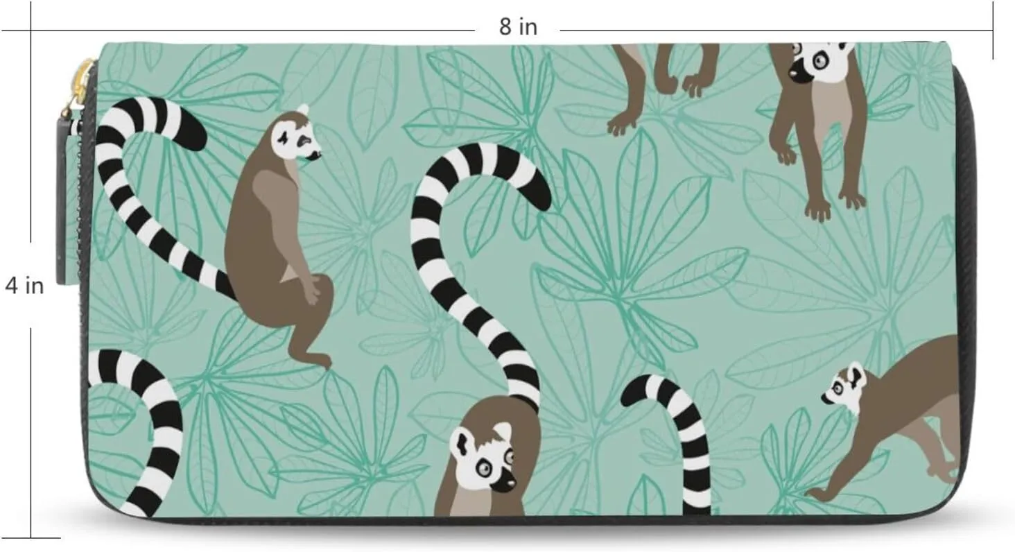 Seamless Katta Lemur on Turquoise Floral Background Leather Long Wallet Organizer with Zipper Purse Clutch Bag for Women Men Key Card Coin Passport Checkbook 8 x 4 inch