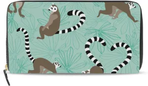 Seamless Katta Lemur on Turquoise Floral Background Leather Long Wallet Organizer with Zipper Purse Clutch Bag for Women Men Key Card Coin Passport Checkbook 8 x 4 inch