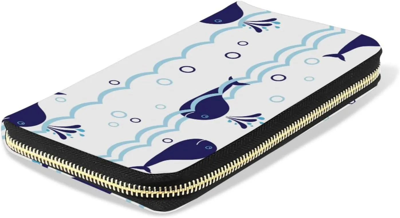 Seamless Ocean Waves Water Drop Circles Background with Blue Whales Leather Long Wallet Organizer with Zipper Purse Clutch Bag for Women Men Key Card Coin Passport Checkbook 8 x 4 inch