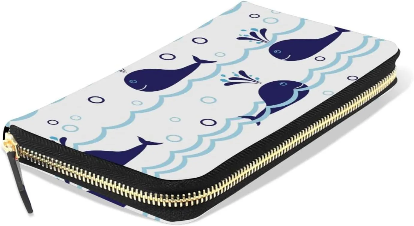 Seamless Ocean Waves Water Drop Circles Background with Blue Whales Leather Long Wallet Organizer with Zipper Purse Clutch Bag for Women Men Key Card Coin Passport Checkbook 8 x 4 inch
