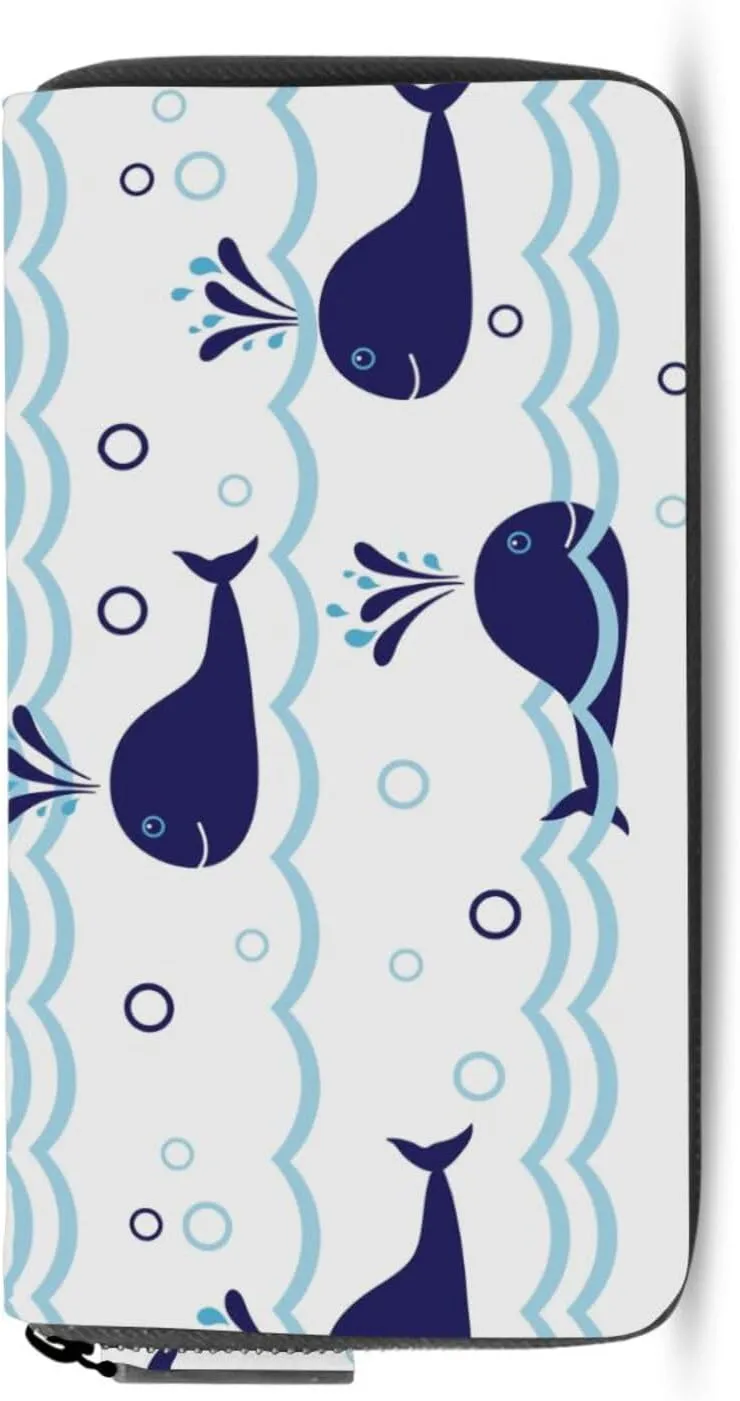 Seamless Ocean Waves Water Drop Circles Background with Blue Whales Leather Long Wallet Organizer with Zipper Purse Clutch Bag for Women Men Key Card Coin Passport Checkbook 8 x 4 inch