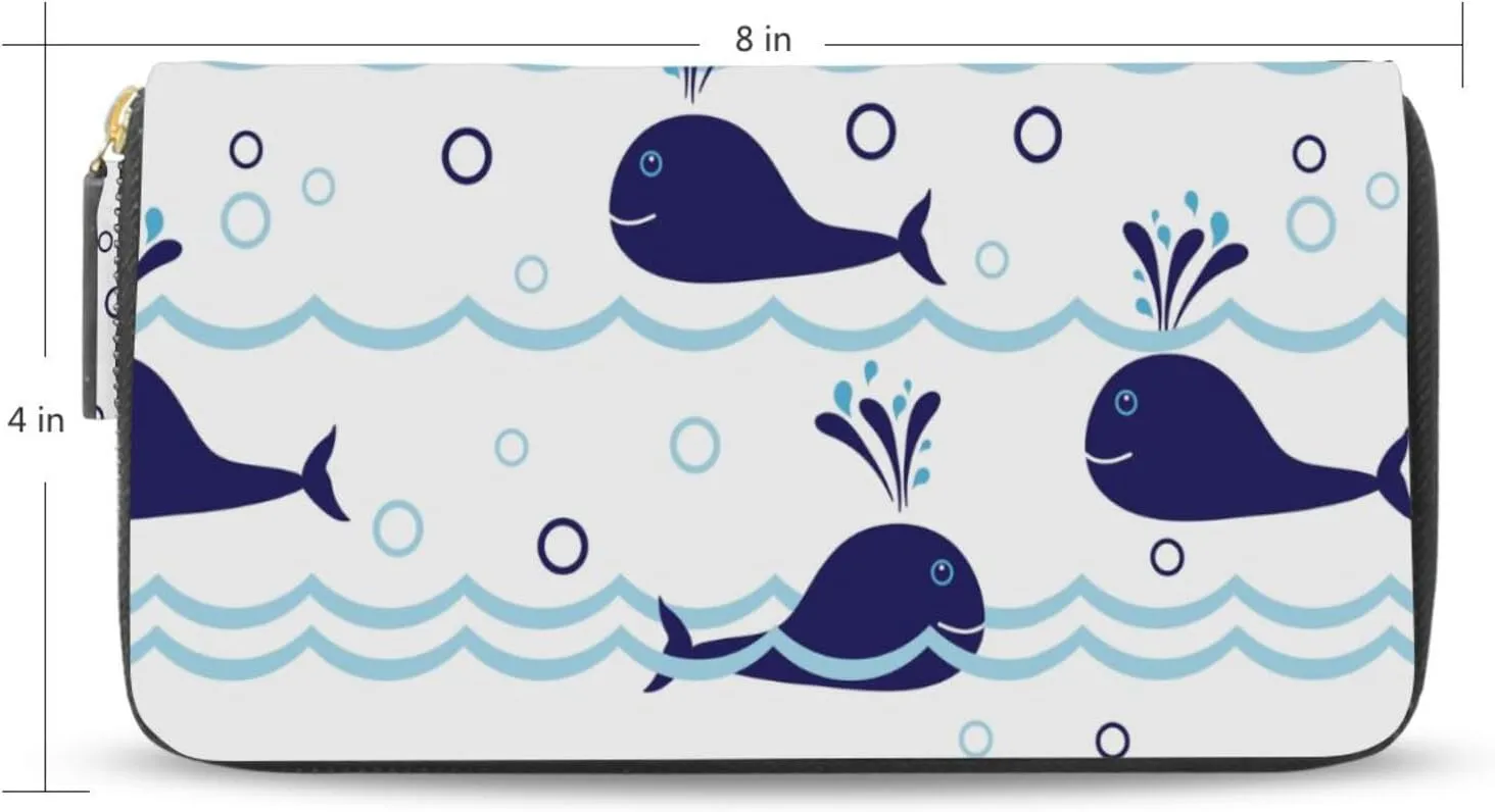 Seamless Ocean Waves Water Drop Circles Background with Blue Whales Leather Long Wallet Organizer with Zipper Purse Clutch Bag for Women Men Key Card Coin Passport Checkbook 8 x 4 inch