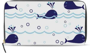 Seamless Ocean Waves Water Drop Circles Background with Blue Whales Leather Long Wallet Organizer with Zipper Purse Clutch Bag for Women Men Key Card Coin Passport Checkbook 8 x 4 inch