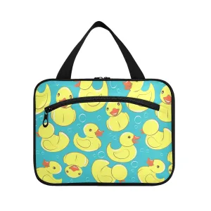 Seamless Yellow Cute Rubber Ducks and Bubbles on Turquoise 1 PC Hanging Travel Wash bag with Handles, Portable Makeup Organizer Brush Storage Case Portable Travel Cosmetic with Hook L