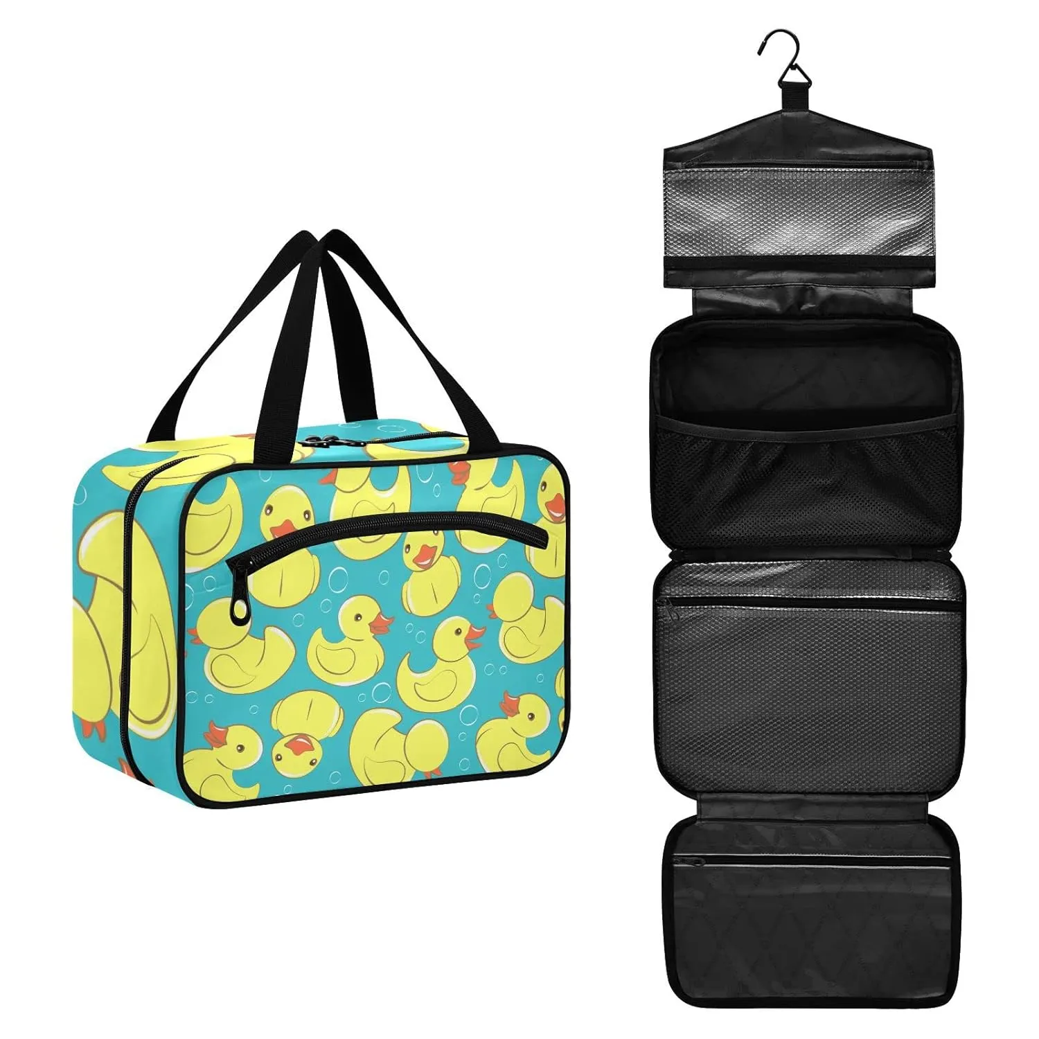 Seamless Yellow Cute Rubber Ducks and Bubbles on Turquoise 1 PC Hanging Travel Wash bag with Handles, Portable Makeup Organizer Brush Storage Case Portable Travel Cosmetic with Hook L