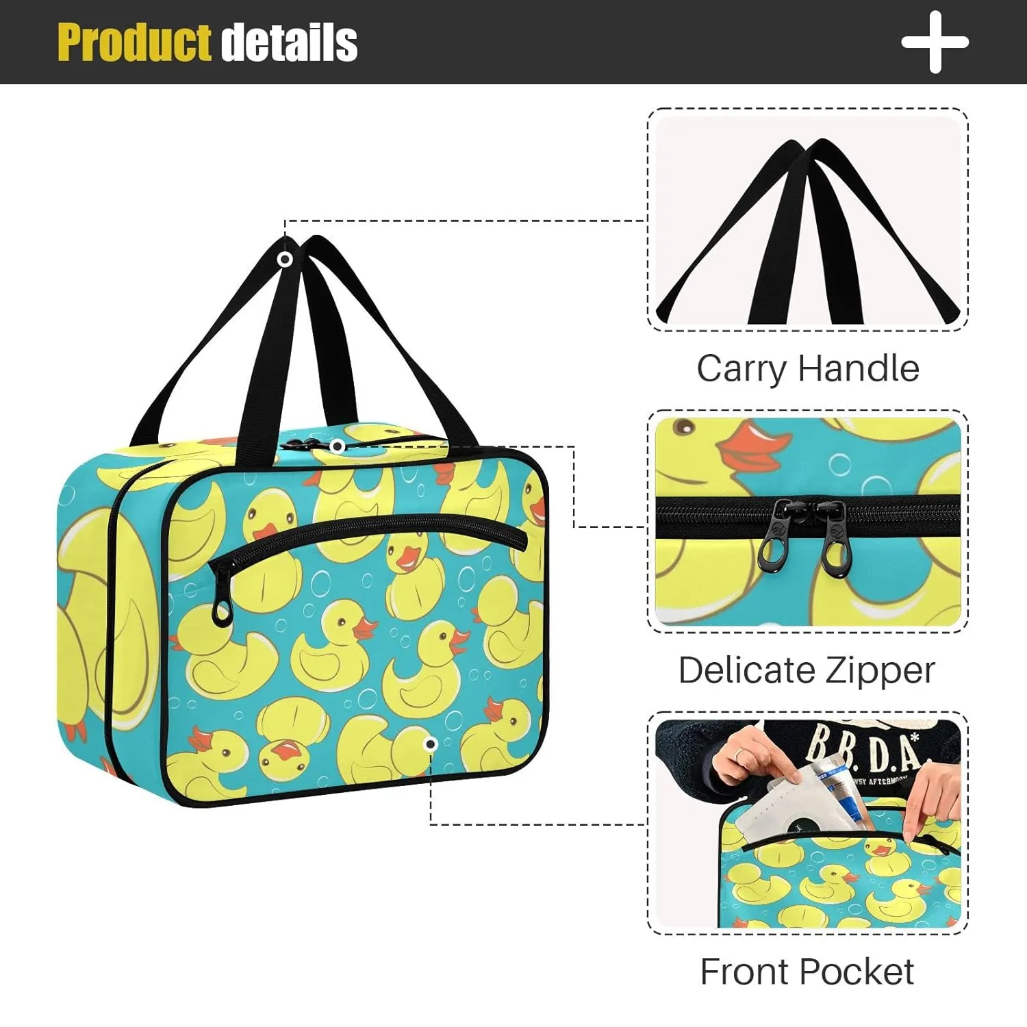 Seamless Yellow Cute Rubber Ducks and Bubbles on Turquoise 1 PC Hanging Travel Wash bag with Handles, Portable Makeup Organizer Brush Storage Case Portable Travel Cosmetic with Hook L
