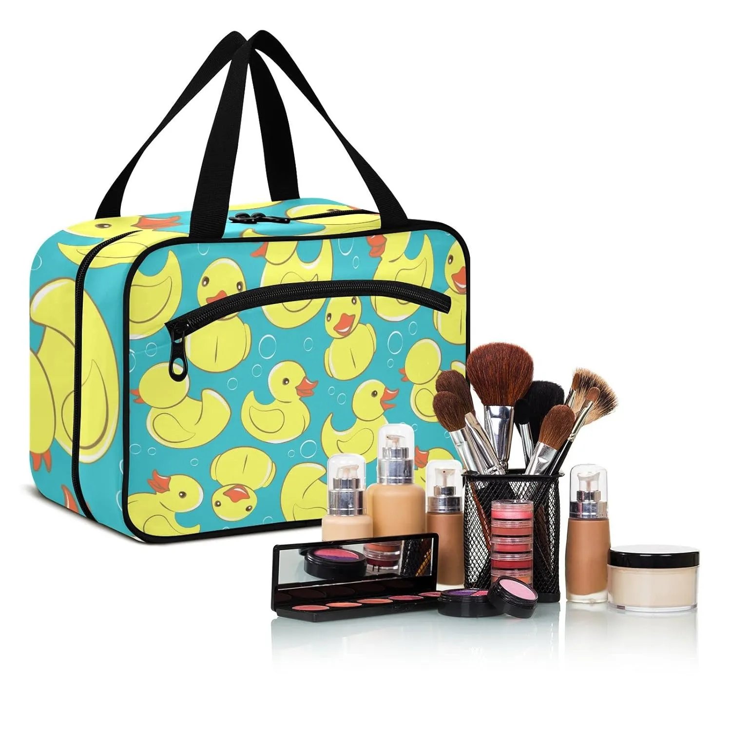 Seamless Yellow Cute Rubber Ducks and Bubbles on Turquoise 1 PC Hanging Travel Wash bag with Handles, Portable Makeup Organizer Brush Storage Case Portable Travel Cosmetic with Hook L