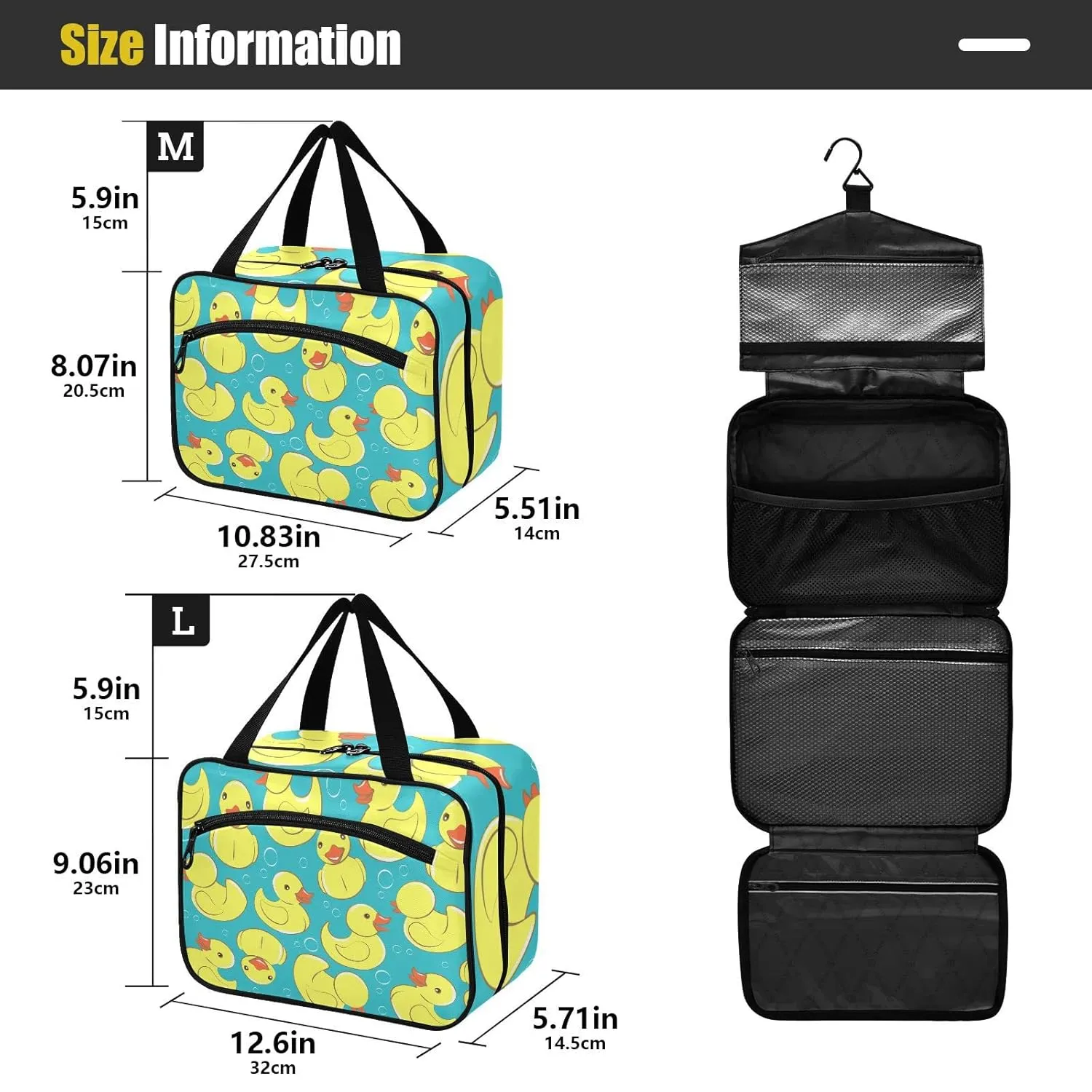 Seamless Yellow Cute Rubber Ducks and Bubbles on Turquoise 1 PC Hanging Travel Wash bag with Handles, Portable Makeup Organizer Brush Storage Case Portable Travel Cosmetic with Hook L