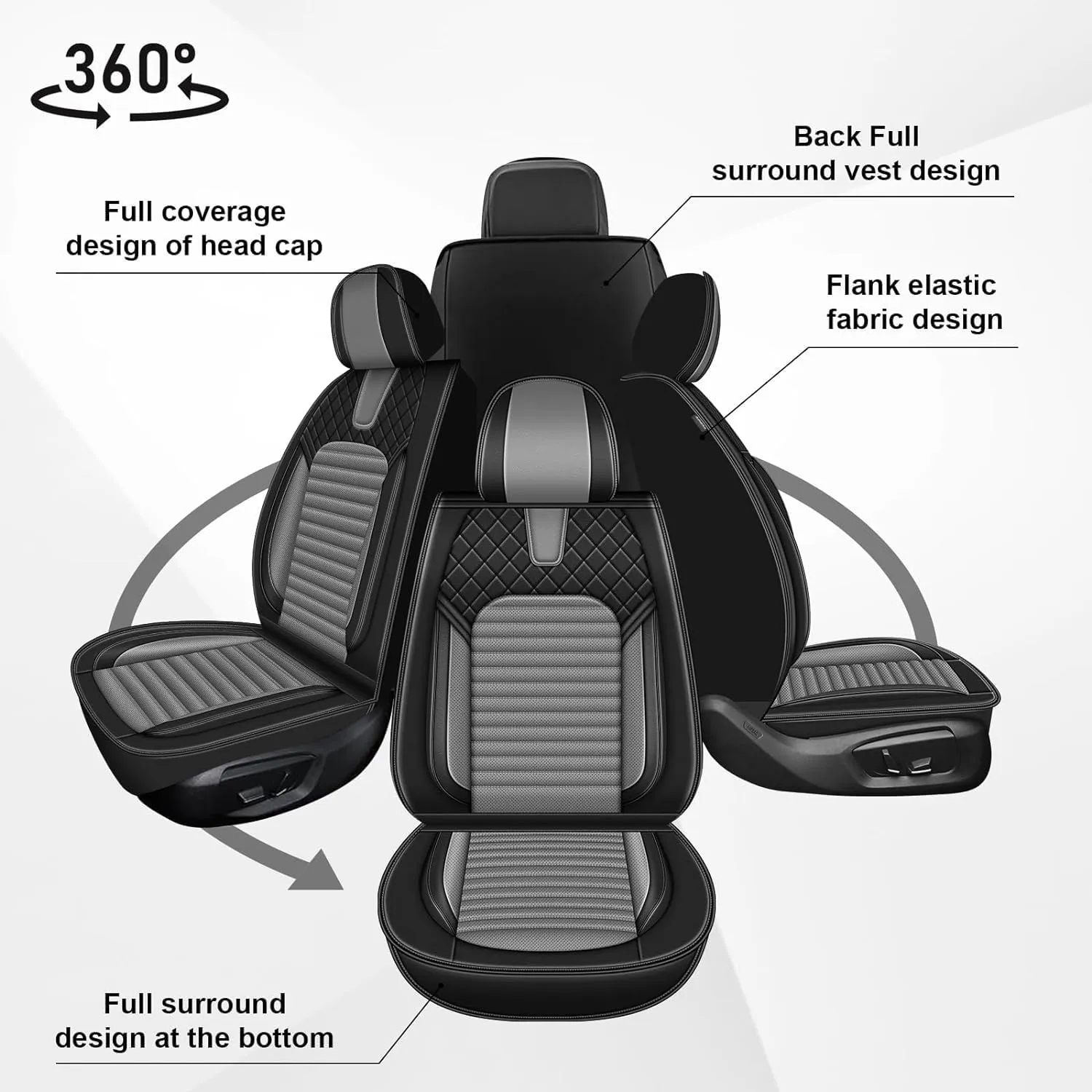 Seat Covers Full Set Fit for Hyundai Kona 2018-2025 Breathable and Waterproof Car Seat Covers 5 Seat Leather Seat Covers（Black&Grey）