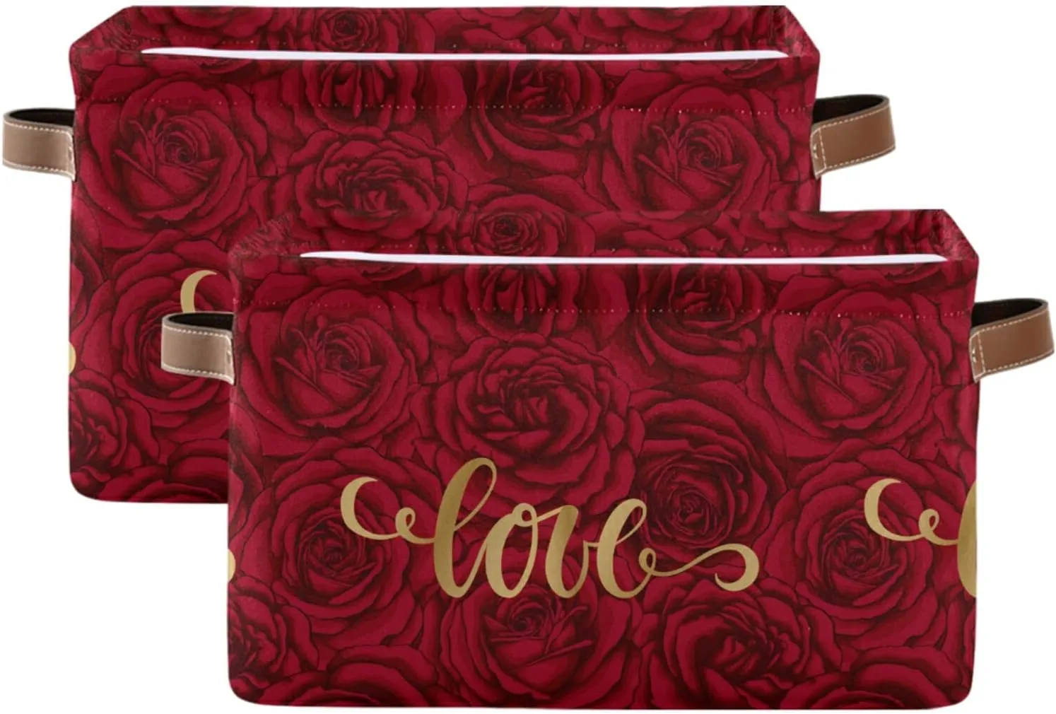 senya Valentines Storage Basket, Large Foldable Storage Basket with Handles, Love on Romantic Rose Fabric Collapsible Storage Bins Organizer Bag for Storage