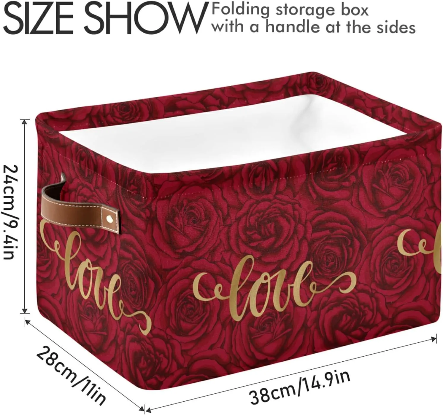 senya Valentines Storage Basket, Large Foldable Storage Basket with Handles, Love on Romantic Rose Fabric Collapsible Storage Bins Organizer Bag for Storage