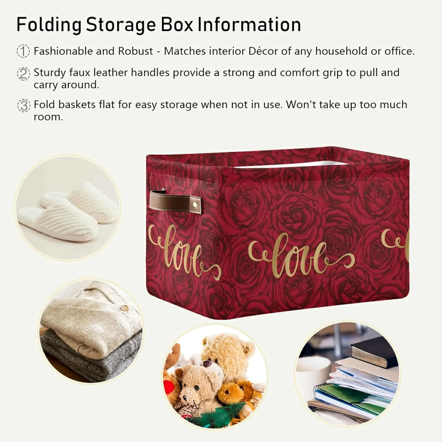 senya Valentines Storage Basket, Large Foldable Storage Basket with Handles, Love on Romantic Rose Fabric Collapsible Storage Bins Organizer Bag for Storage