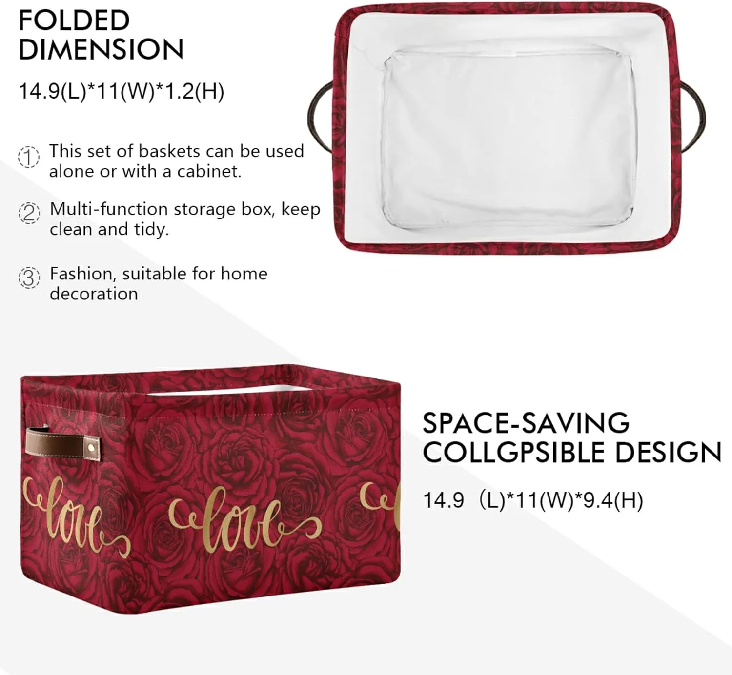 senya Valentines Storage Basket, Large Foldable Storage Basket with Handles, Love on Romantic Rose Fabric Collapsible Storage Bins Organizer Bag for Storage